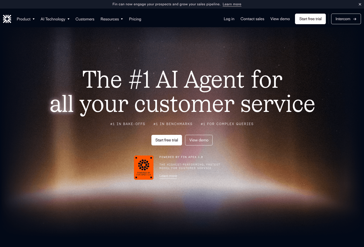 Screenshot of the official Intercom Fin product page captured after cookie confirmation.