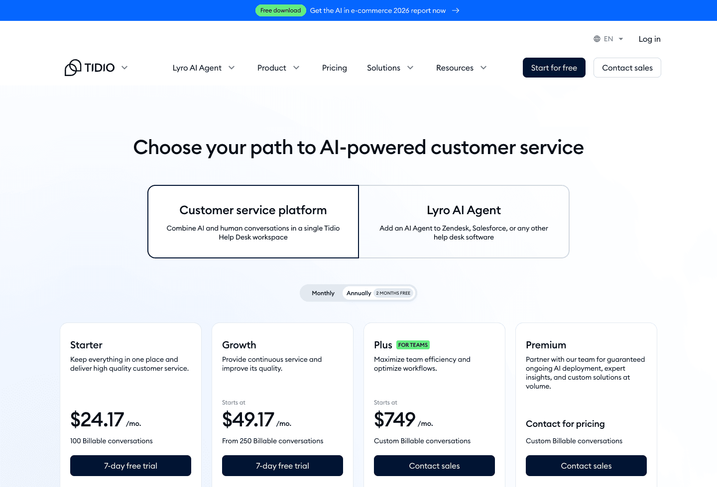 Screenshot of the official Tidio pricing page captured after cookie confirmation.