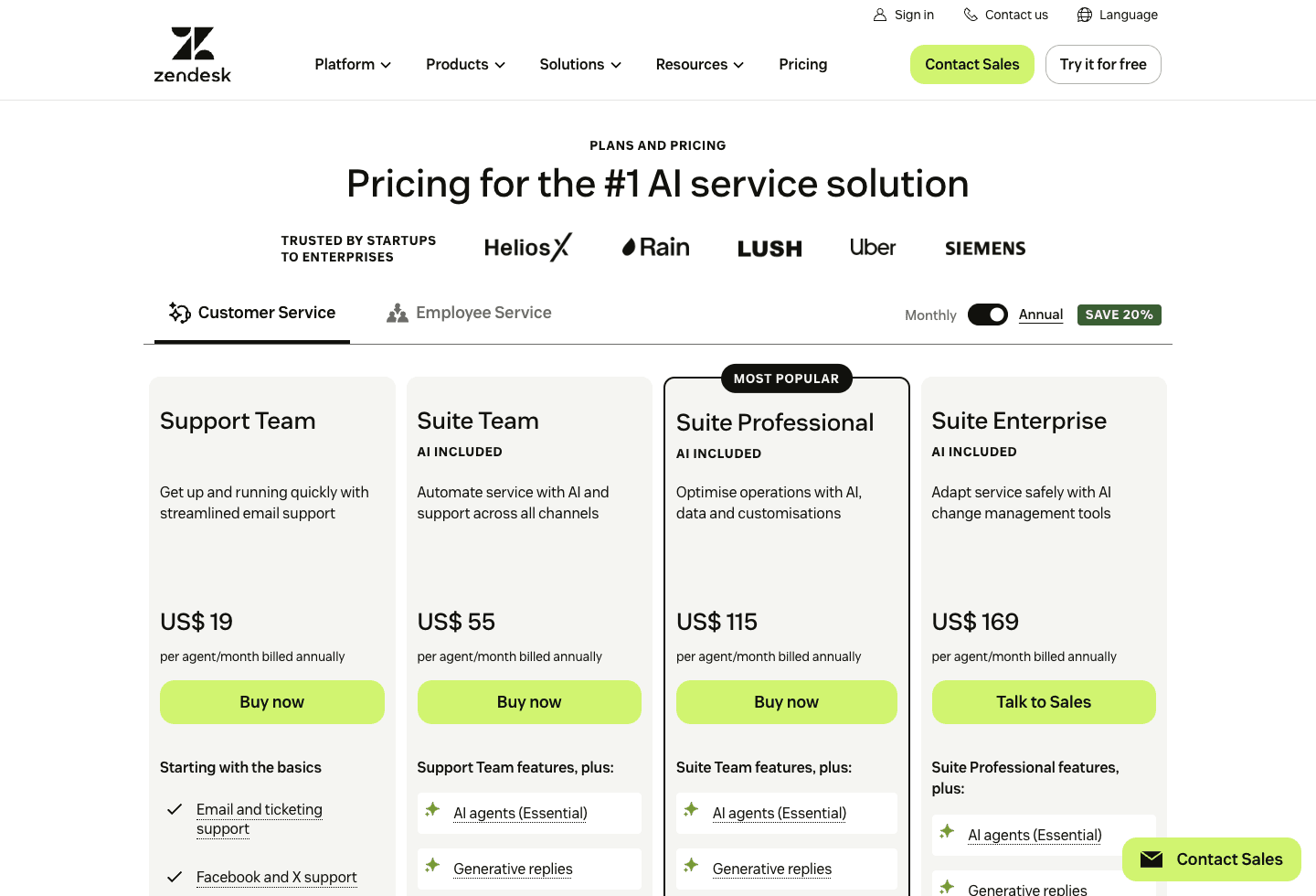 Screenshot of the official Zendesk pricing page captured after cookie confirmation.