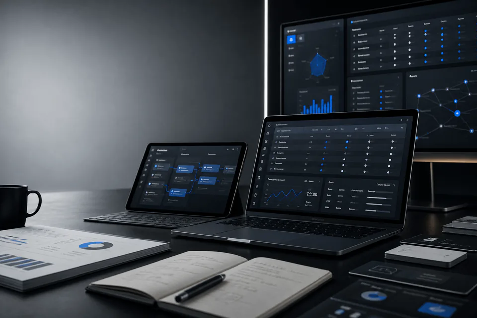 Generated AI agent platform evaluation workspace on a premium research desk