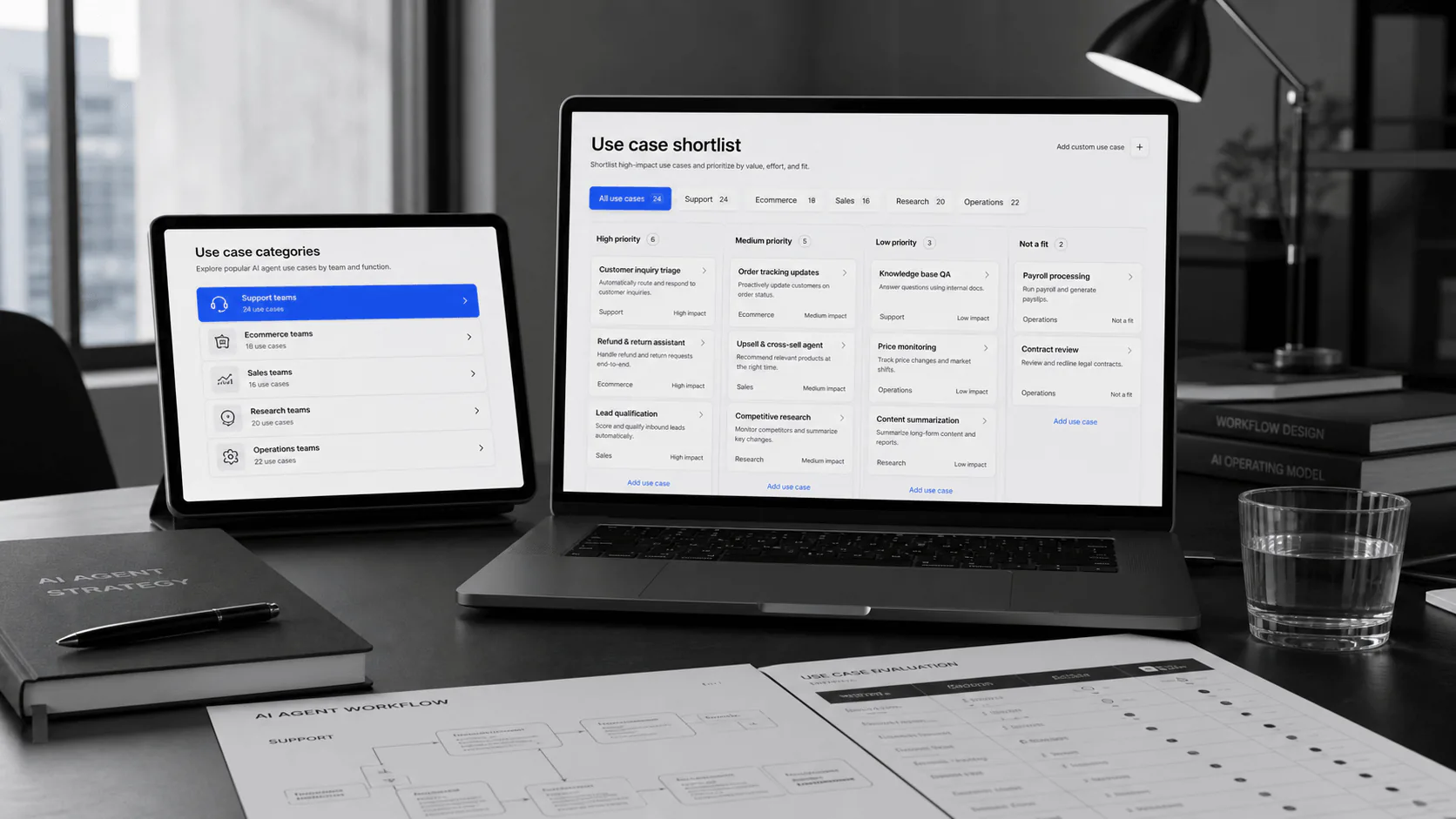 Editorial desk with a website planning workflow, analytics notes, and a restrained monochrome design system