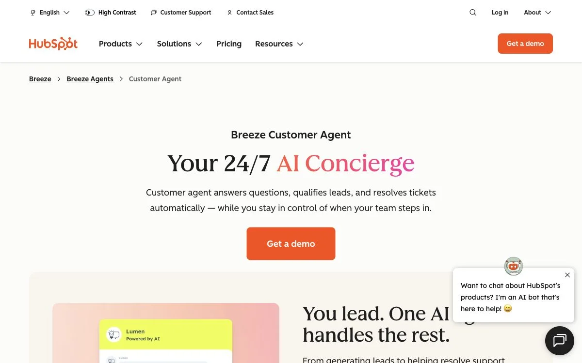 HubSpot Breeze Customer Agent page screenshot