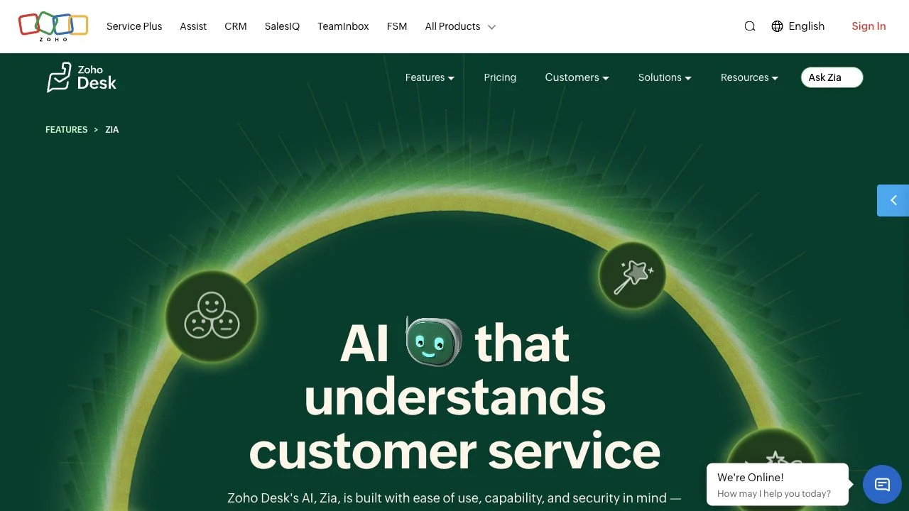 Zoho Desk Zia AI page screenshot