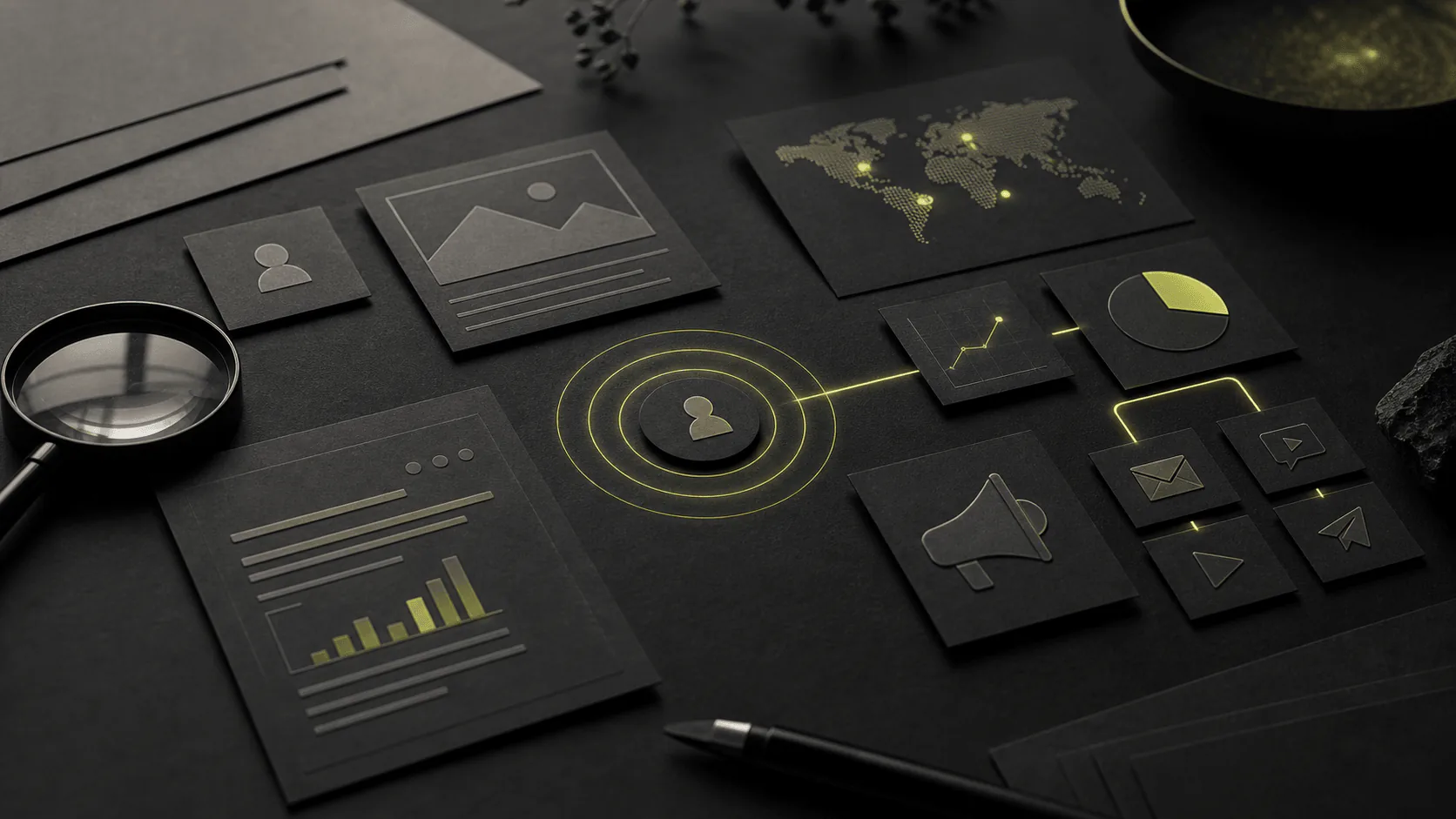Marketing AI workspace with campaign planning, content variants, and analytics
