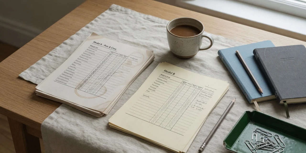 Two printed shortlists, notebooks, and a coffee cup on a linen comparison desk