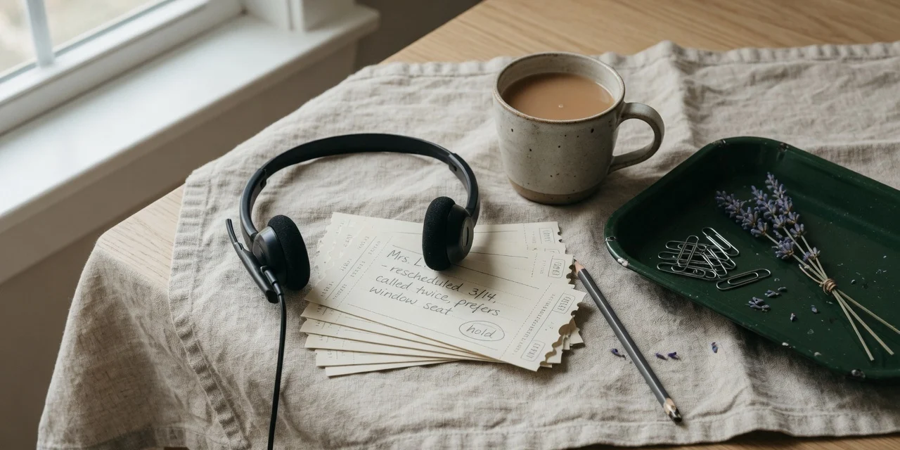Headset, handwritten tickets, and a tea cup on a linen support desk