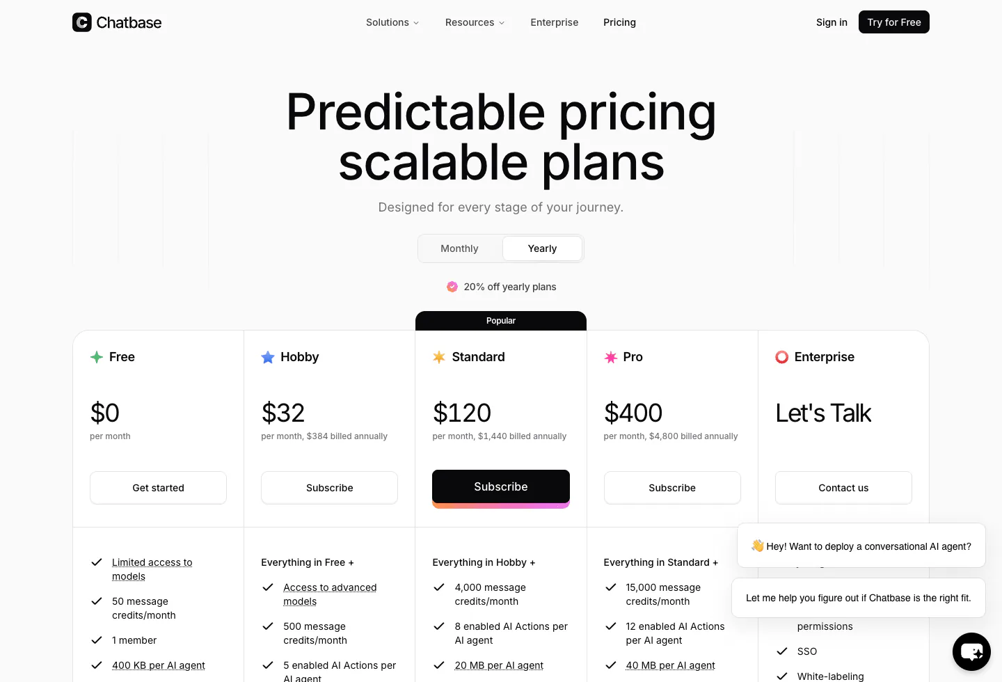 Screenshot of the official Chatbase pricing page captured after cookie confirmation.
