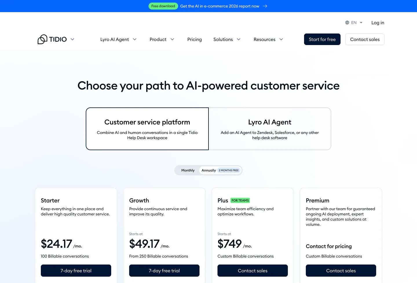 Screenshot of the official Tidio pricing page captured after cookie confirmation.