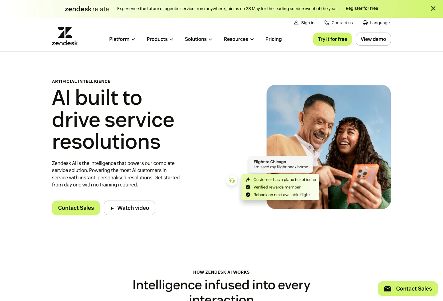 Screenshot of the official Zendesk product page captured after cookie confirmation.